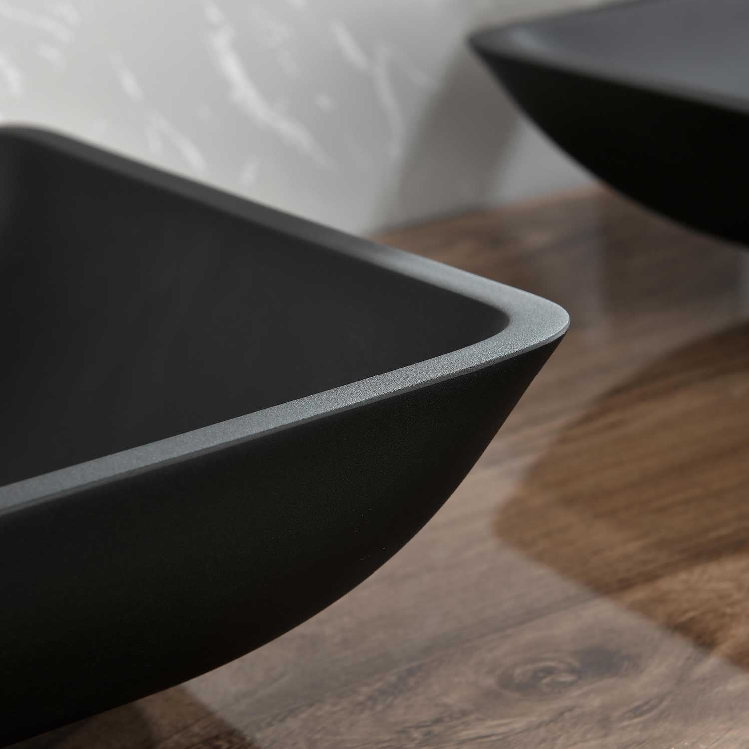 14.38" L -22.25" W -4-3/8 in. H Matte Shell Glass Rectangular Vessel Bathroom Sink in Black with Faucet and Pop-Up Drain in Matte Black - luxuryhomedecoridea.com