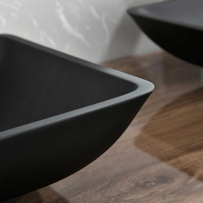 14.38" L -22.25" W -4-3/8 in. H Matte Shell Glass Rectangular Vessel Bathroom Sink in Black with Faucet and Pop-Up Drain in Matte Black - luxuryhomedecoridea.com