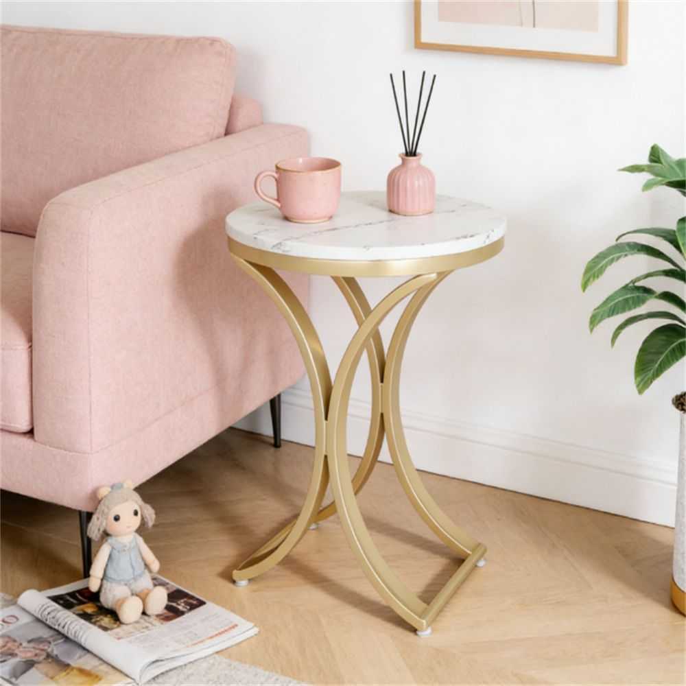 Round Faux Marble End Table - Gold C-Shaped Side Table for Living Room & Bedroom - luxuryhomedecoridea.com