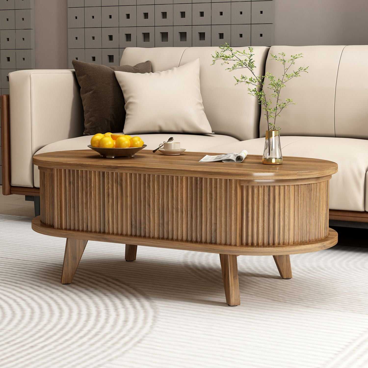 Fluted Lift Top Coffee Table with Hidden Compartment, Wooden Center Table, Modern Oval Lift Tabletop for Home Living Room Office, Walnut Brown Color - luxuryhomedecoridea.com