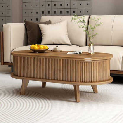 Fluted Lift Top Coffee Table with Hidden Compartment, Wooden Center Table, Modern Oval Lift Tabletop for Home Living Room Office, Walnut Brown Color - luxuryhomedecoridea.com