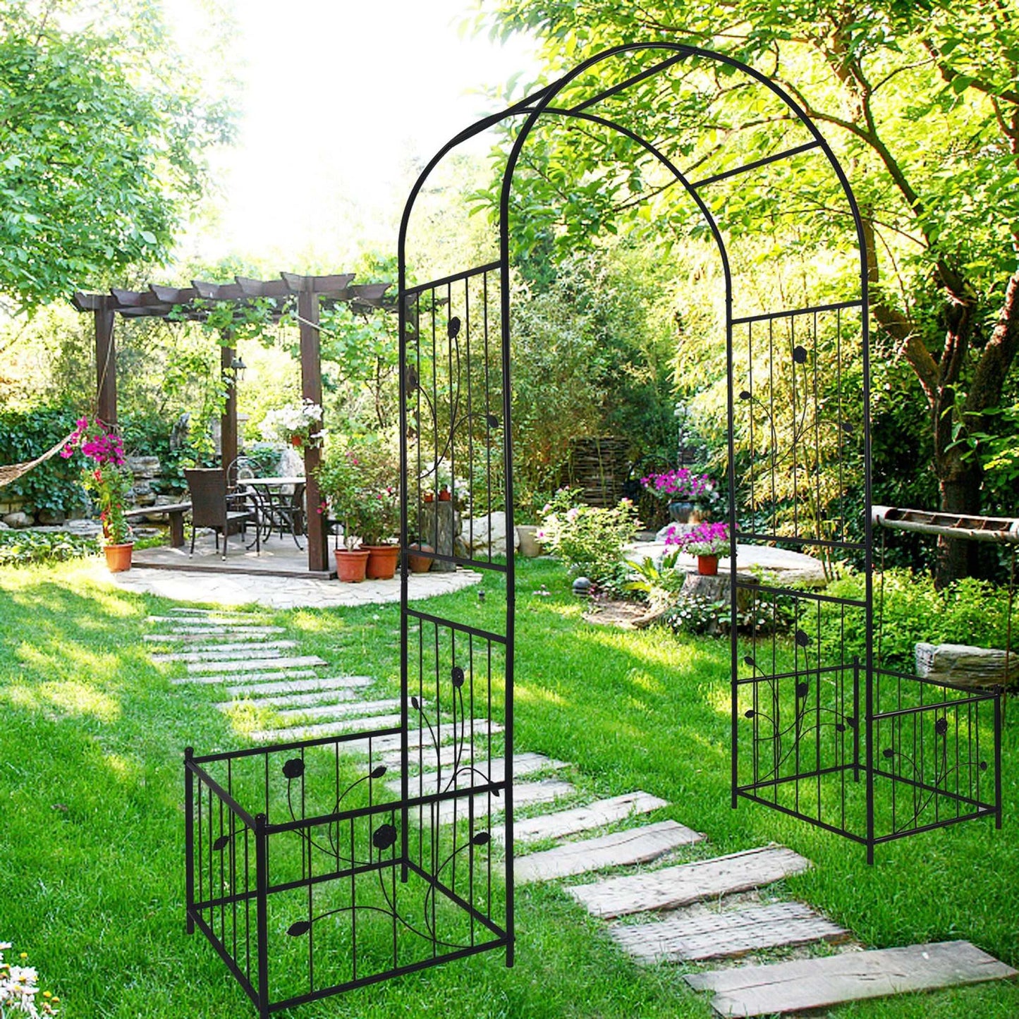 Elegant Metal Garden Arch with Dual Plant Stands - 79.5'' Wide x 86.6'' High Climbing Support for Roses & Vines - Outdoor Black Trellis Decoration - luxuryhomedecoridea.com