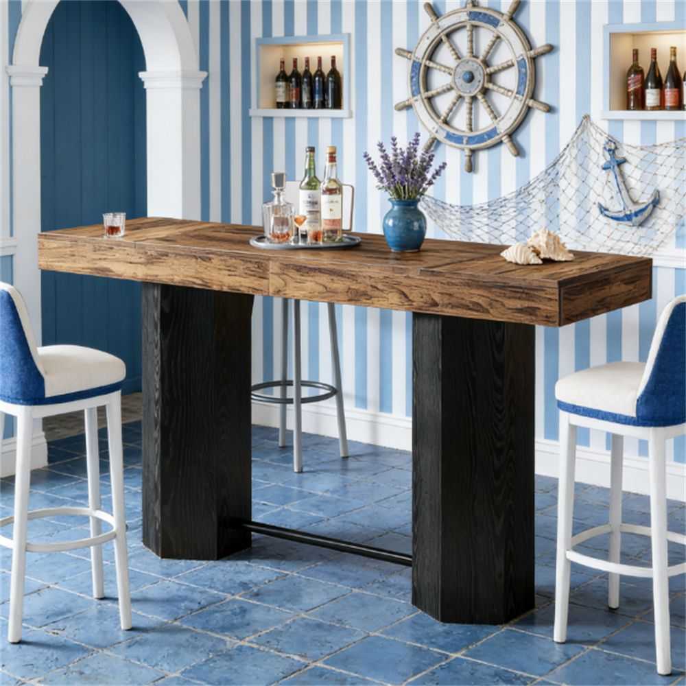 71" Industrial Bar Table - Counter Height Pub Table with Woodgrain Finish - luxuryhomedecoridea.com