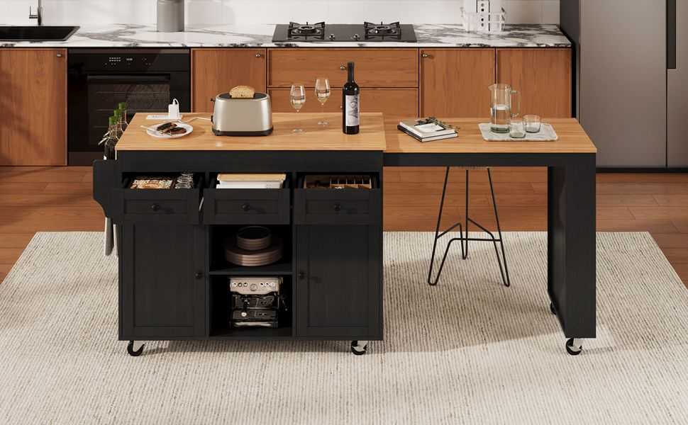 K&K 85.5" Kitchen Island with Extendable Dining Table, Kitchen Storage Table with 3 Side Open Shelves, Rolling Kitchen Island with Power Outlet, 3 Drawers, 2 Doors, for Kitchen, Dining Room, Black - luxuryhomedecoridea.com