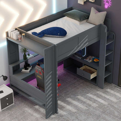 Wood Full Size Gaming Loft Bed with Desk, Multi-storage Shelves, LED and Charging Station, Dark Gray(Old SKU:SM000374AAE) - luxuryhomedecoridea.com