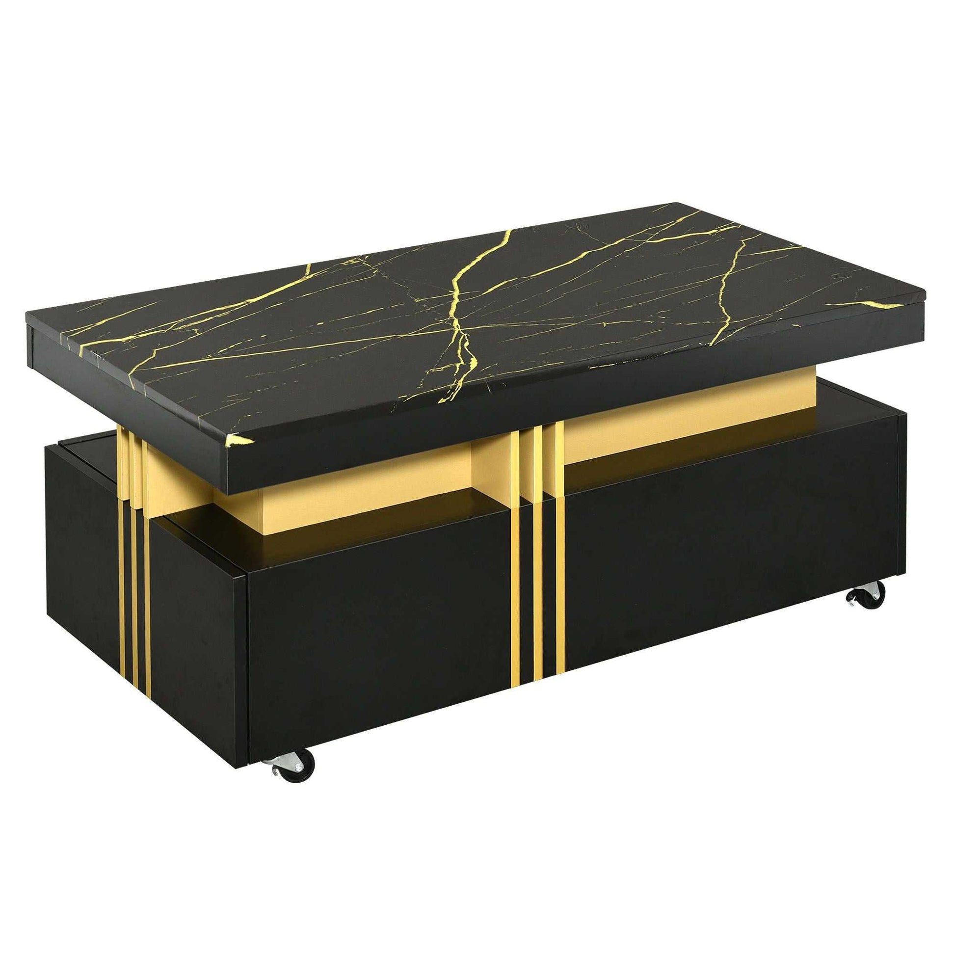 [VIDEO provided] ON-TREND Contemporary Coffee Table with Faux Marble Top, Rectangle Cocktail Table with Caster Wheels, Moderate Luxury Center Table with Gold Metal Bars for Living Room, Black - luxuryhomedecoridea.com