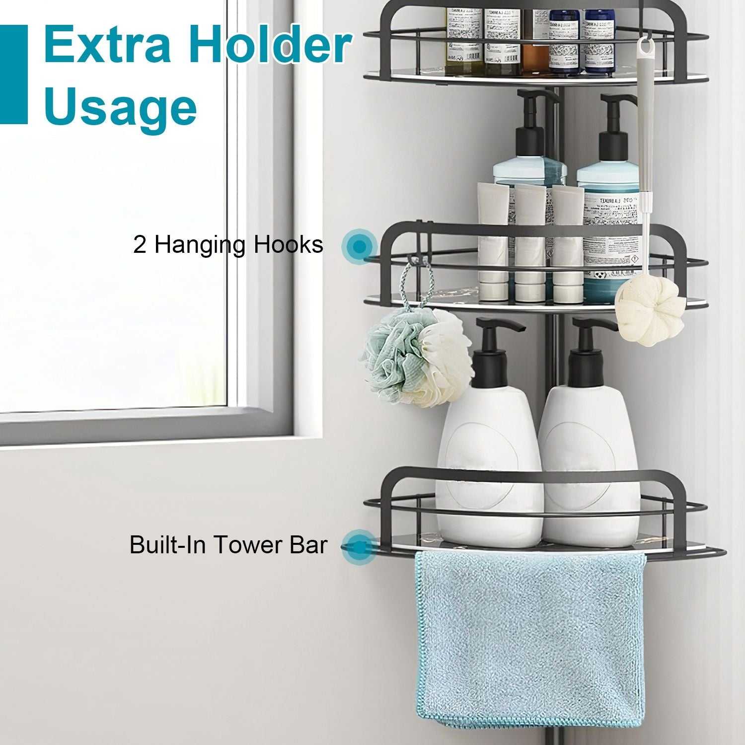 Corner Shower Caddy Tension Pole, Quick Setup, Rust-Free Bathroom Shower Organizer Corner for Bathtub Shampoo Storage, 4-Tier Adjustable Shelf, Drill Free, Fits 8.66 to 116 Inch Height, Black - luxuryhomedecoridea.com