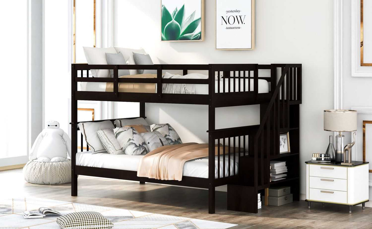 Stairway Full-Over-Full Bunk Bed with Storage and Guard Rail for Bedroom, Dorm, Espresso - luxuryhomedecoridea.com