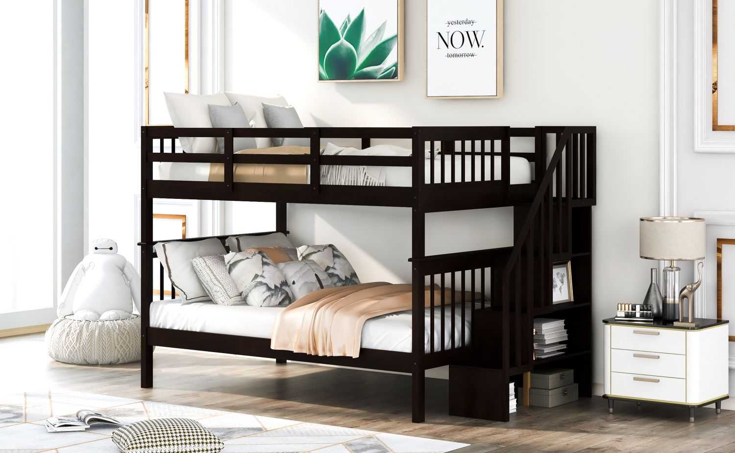 Stairway Full-Over-Full Bunk Bed with Storage and Guard Rail for Bedroom, Dorm, Espresso - luxuryhomedecoridea.com