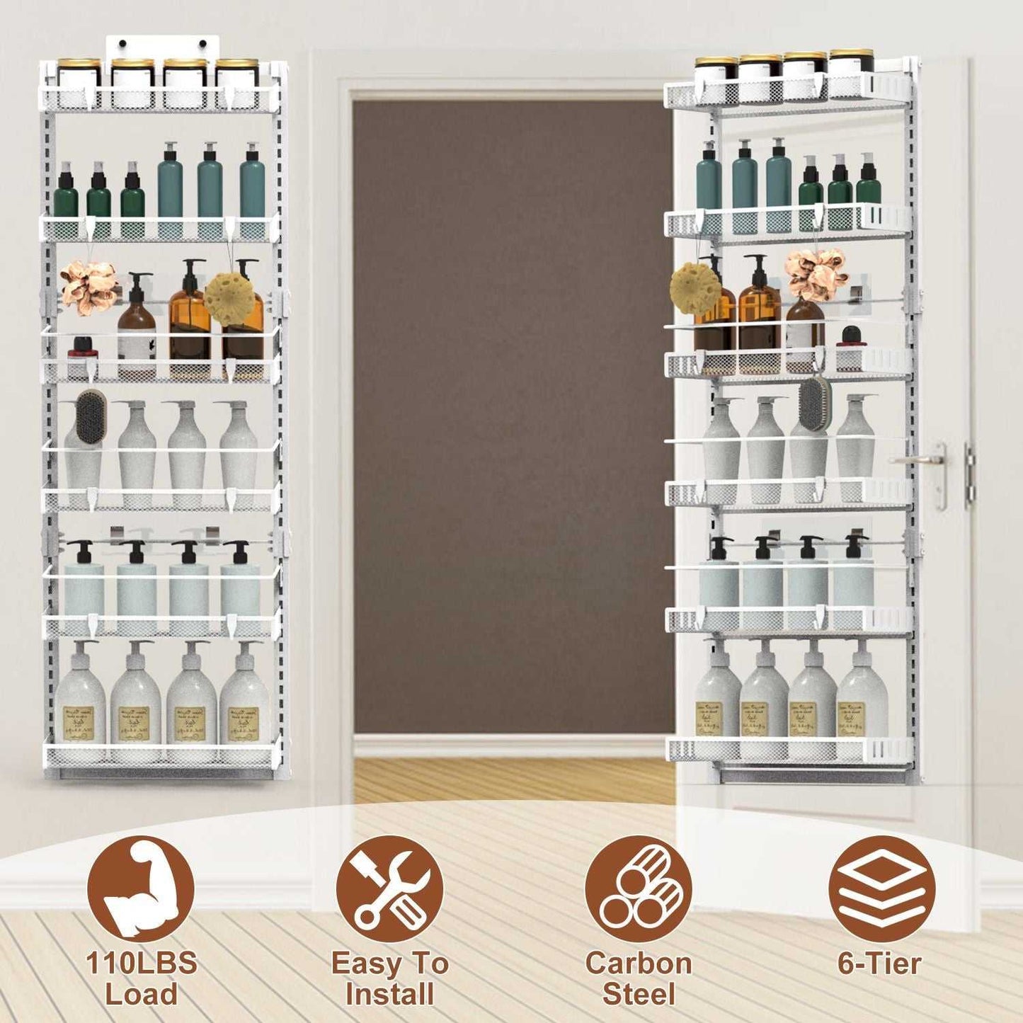 10LBS Loading 6-Tier Over the Door Pantry Organizer, Large Metal Door Spice Rack, Hanging Heavy-Duty Pantry Door Storage Shelf Easy Install Behind Door Storagefor Kitchen and Bathroom, Black - luxuryhomedecoridea.com