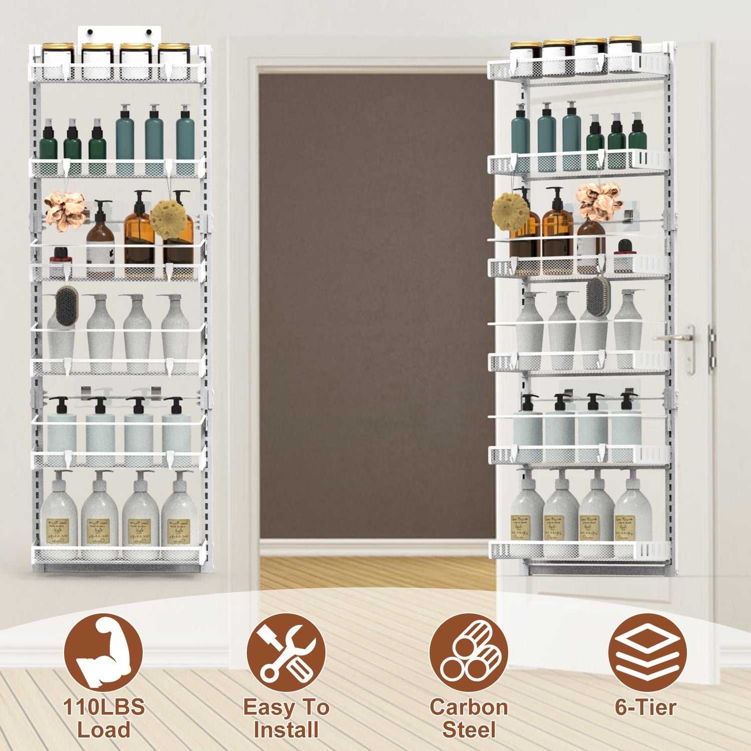 10LBS Loading 6-Tier Over the Door Pantry Organizer, Large Metal Door Spice Rack, Hanging Heavy-Duty Pantry Door Storage Shelf Easy Install Behind Door Storagefor Kitchen and Bathroom, Black - luxuryhomedecoridea.com