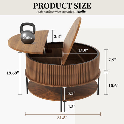 31.5 Inch Farmhouse Brown Lift Top Coffee Table, Round Storage Cocktail Table with Sturdy Steel Legs, Safe Round Design for Living Room, Office - luxuryhomedecoridea.com