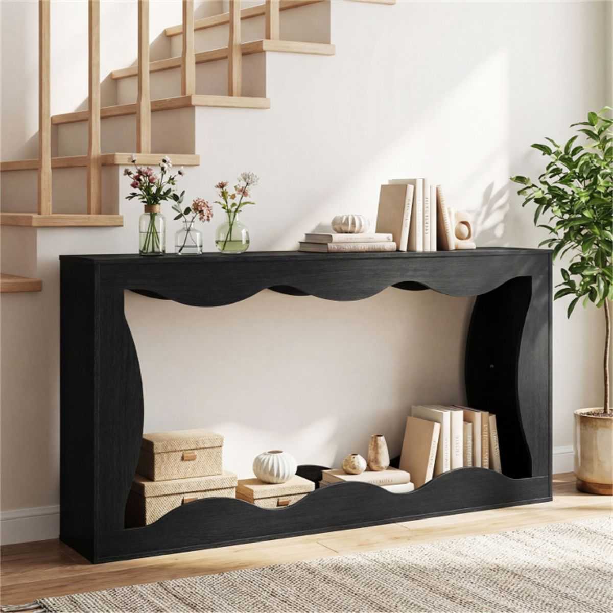 63" Narrow Console Table with Wavy Hollow Design, 2-Tier Extra Long Entryway Table with Storage Shelf - Black - luxuryhomedecoridea.com