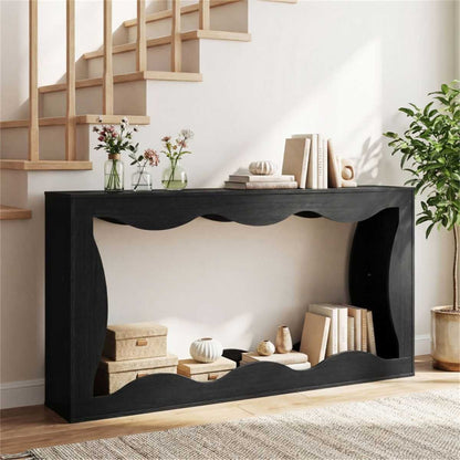 63" Narrow Console Table with Wavy Hollow Design, 2-Tier Extra Long Entryway Table with Storage Shelf - Black - luxuryhomedecoridea.com