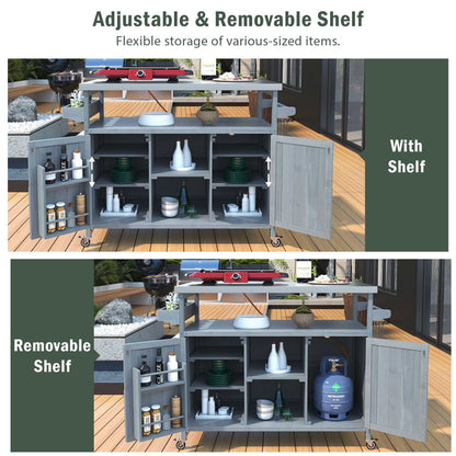 K&K Outdoor Kitchen Island, Rolling Bar Cart & Storage Cabinet, Farmhouse Solid Wood Outdoor Grill Table with Stainless Steel Top, Spice Rack , Towel Rack for Kitchen & BBQ , Grey Blue - luxuryhomedecoridea.com