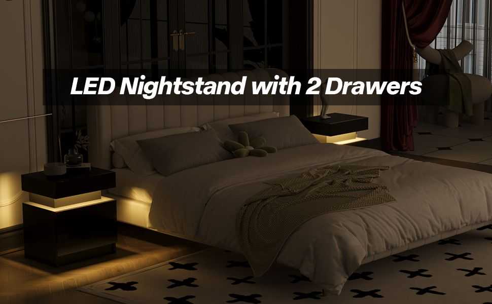 Modern Wood Black Nightstand for Bedroom Furniture with LED Light 2 Drawers Flipping Top Storage Bedside Table - luxuryhomedecoridea.com
