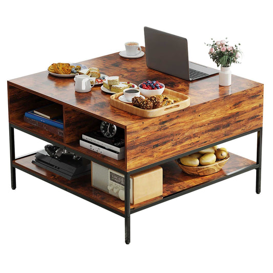 Flip-Top Coffee Table with Storage - Dark Walnut & Black Metal - 31.5" Lift-Top Design w/Hidden Compartment - Easy Assembly Living Room Table - luxuryhomedecoridea.com