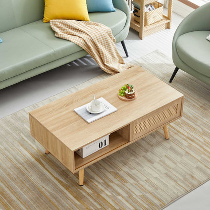 41.34" Rattan Coffee table, sliding door for storage, solid wood legs, Modern table for living room - luxuryhomedecoridea.com