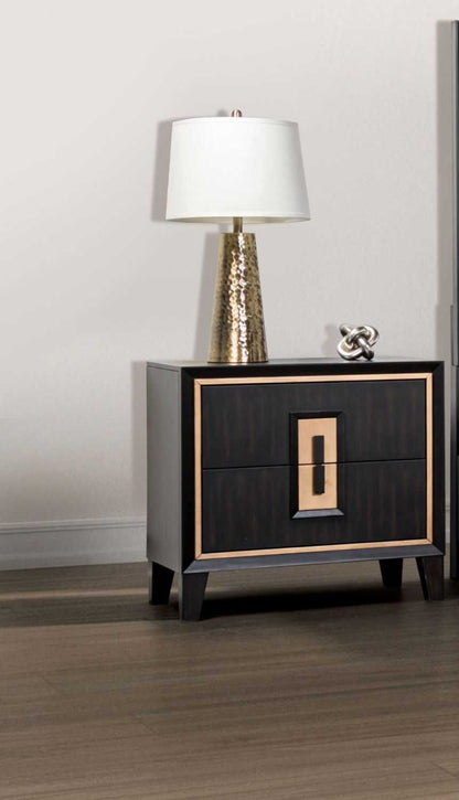 Modern Espresso Bedside Table Bedroom Furniture 1pc Nightstand Gold Accent Trim Wooden Finger Pull - luxuryhomedecoridea.com