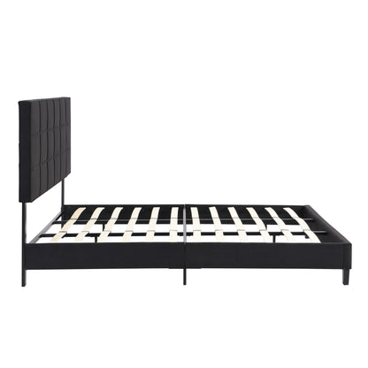 King Size Upholstered Platform Bed Frame with Linen Fabric Headboard, No Box Spring Needed, Wood Slat Support, Easy Assembly, BLACK - luxuryhomedecoridea.com