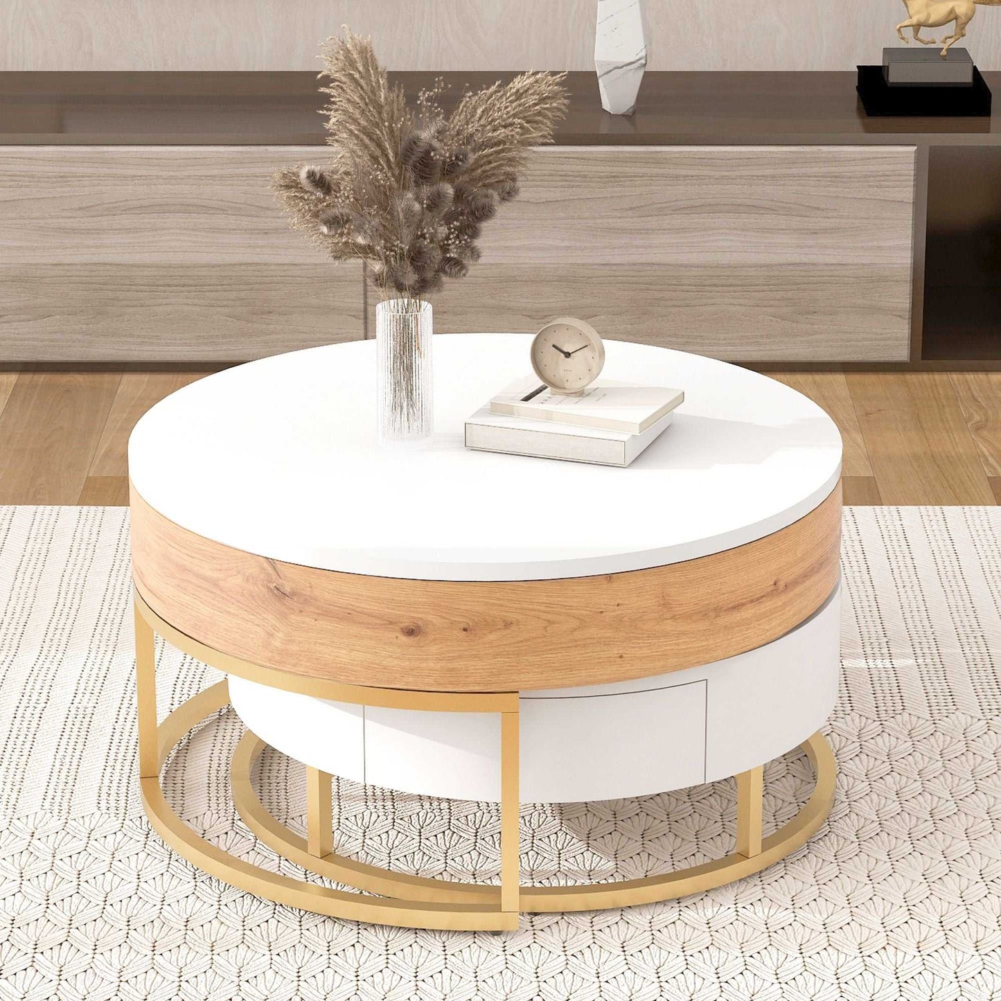Modern Round Lift-top Nesting Coffee Tables with 2 Drawers - luxuryhomedecoridea.com