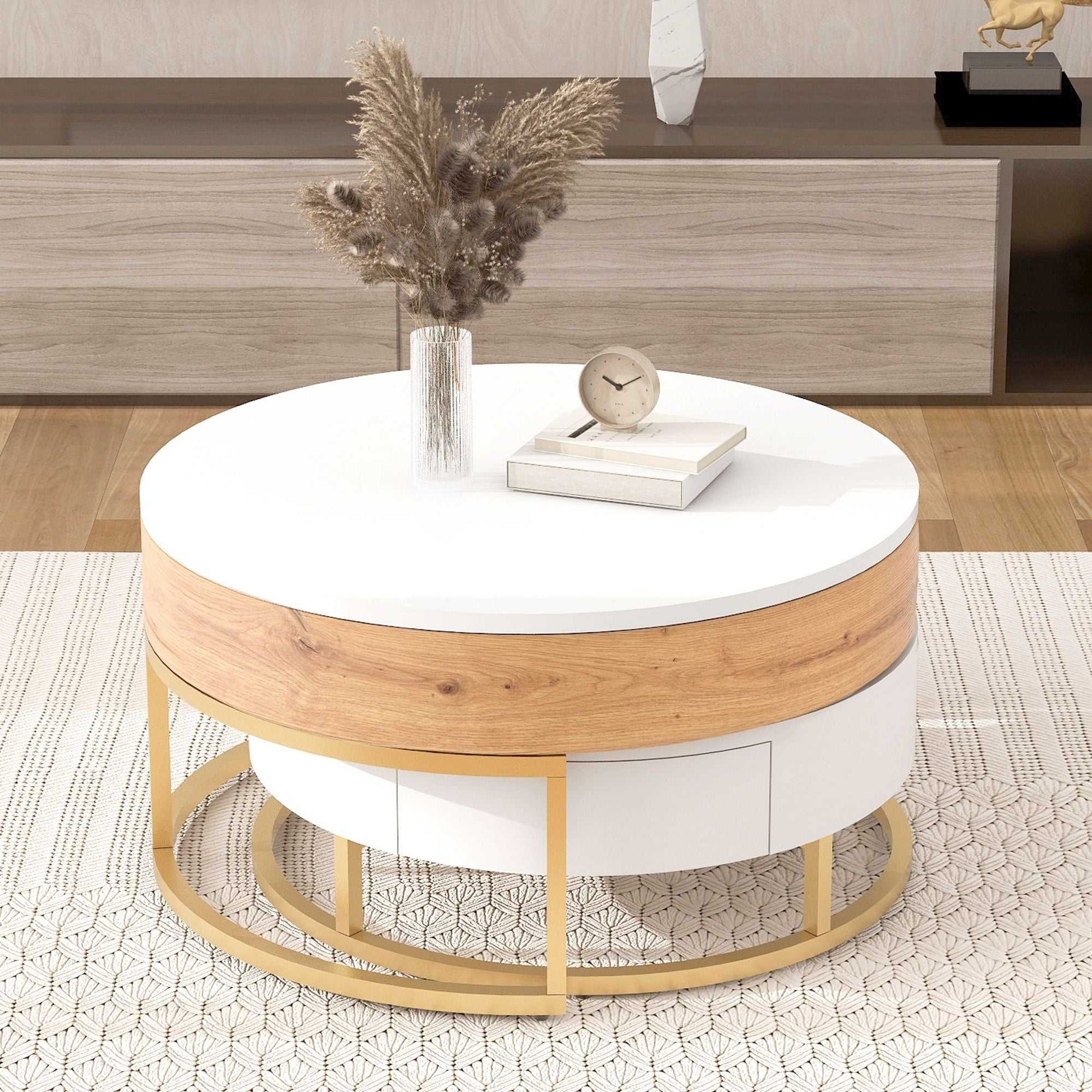 Modern Round Lift-top Nesting Coffee Tables with 2 Drawers - luxuryhomedecoridea.com