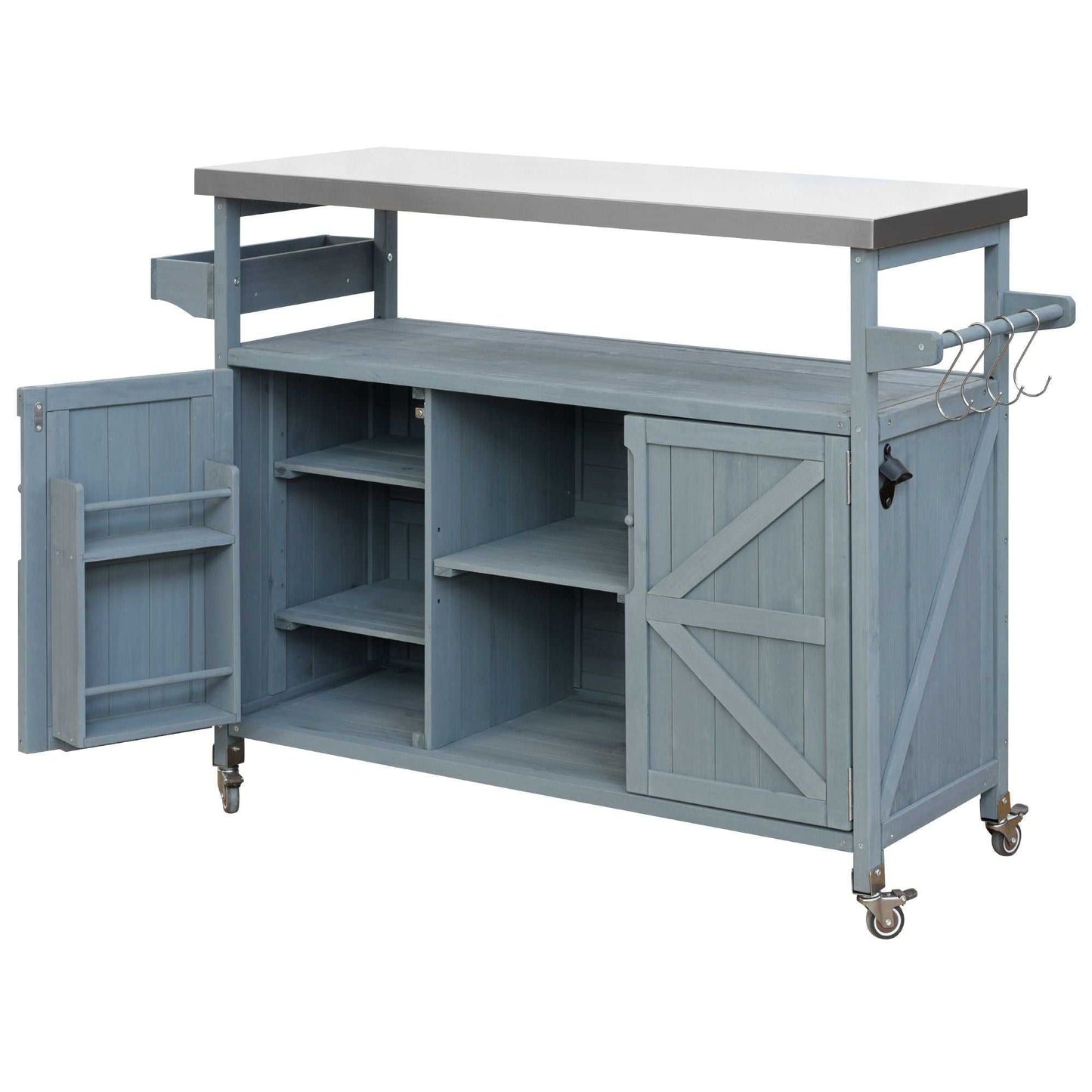 Outdoor Kitchen Island, Rolling Bar Cart & Storage Cabinet, Farmhouse Solid Wood Outdoor Grill Table with Stainless Steel Top, Spice Rack , Towel Rack for Kitchen & BBQ , Grey Blue - luxuryhomedecoridea.com