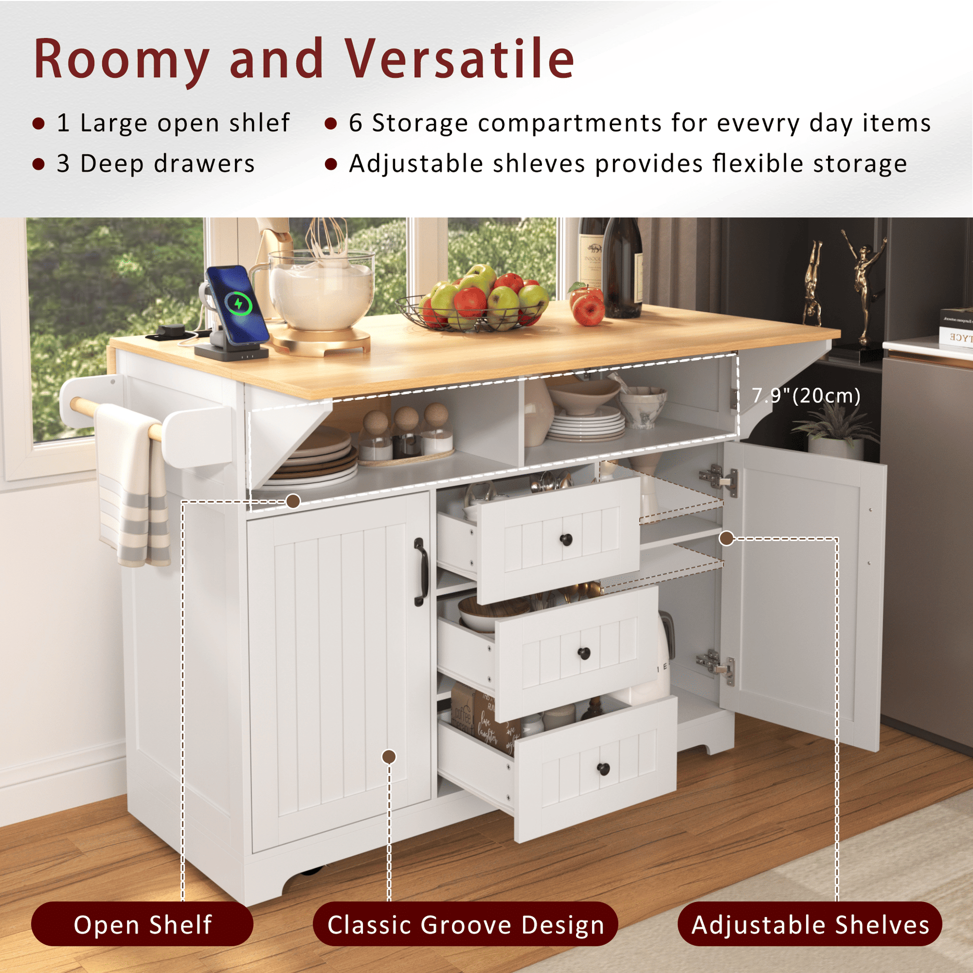 55.7" Large Kitchen Island with 2 Drop Leaf,Rolling Kitchen Cart on 5 Wheels with Power Outlet, Folding Storage Dining Table with Spice & Towel Rack , 3 Drawers, for Kitchen, Dining Room - luxuryhomedecoridea.com