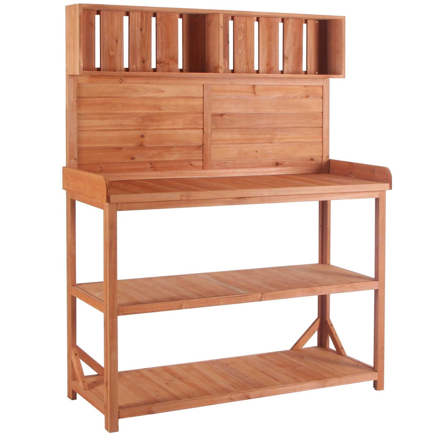 65" Large Wooden Farmhouse Rustic Outdoor Potting Bench Table; Patio Workstation; Garden Potting Bench with 4 Storage Shelves and Side Hook - luxuryhomedecoridea.com