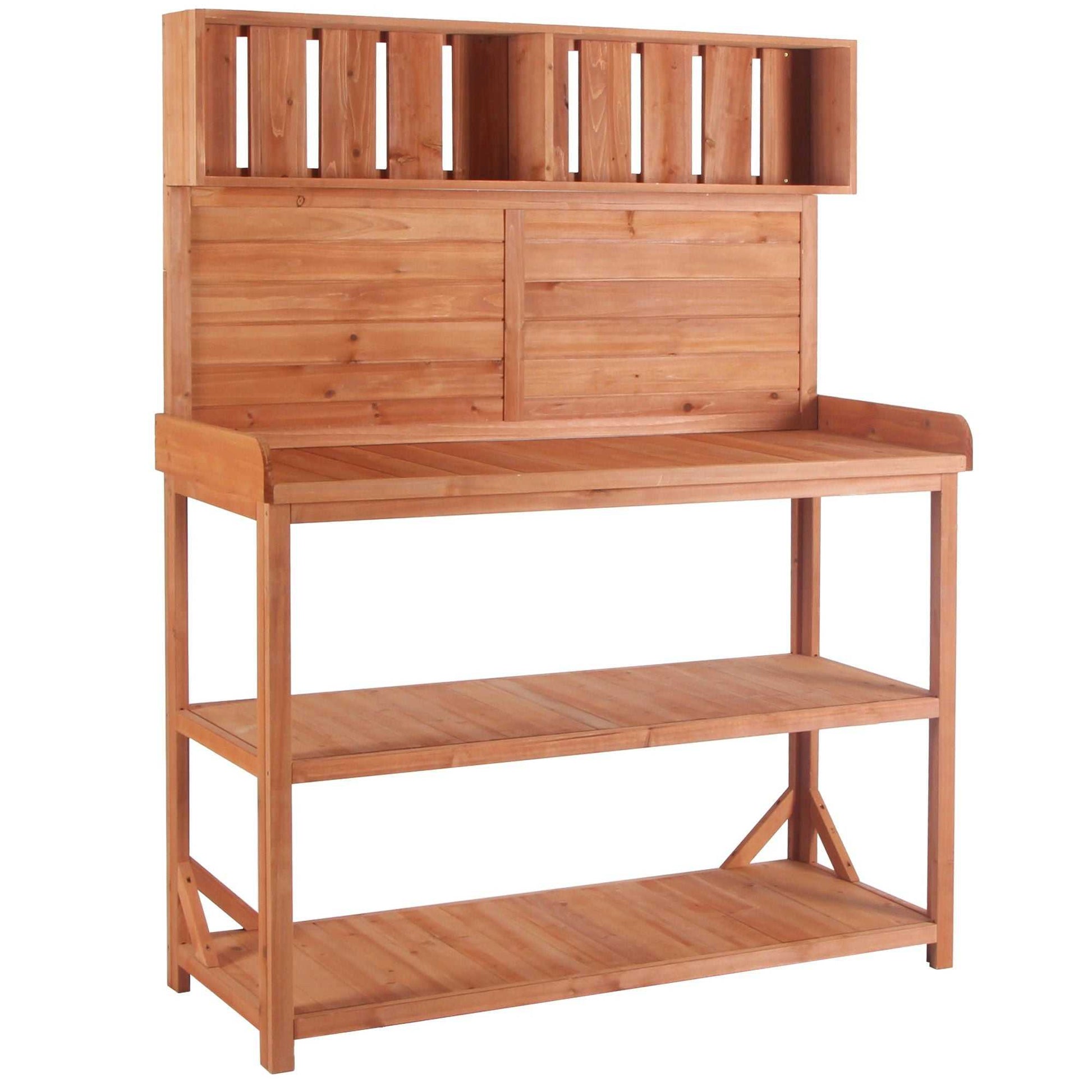 65" Large Wooden Farmhouse Rustic Outdoor Potting Bench Table; Patio Workstation; Garden Potting Bench with 4 Storage Shelves and Side Hook - luxuryhomedecoridea.com