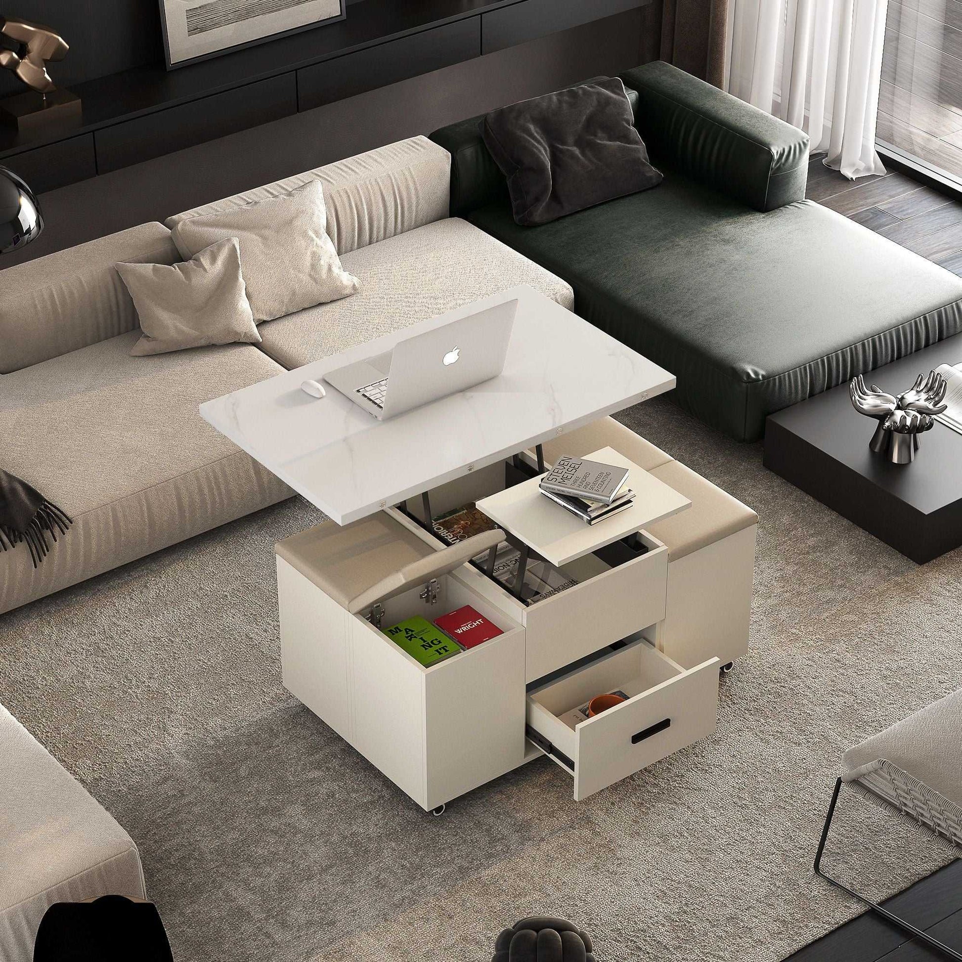 Modern Lift-Up Coffee Table with 4 Stools Set for Living Room Expandable 1 Hidden Storage + 2 Drawers Space Saving Folding Dining Table - luxuryhomedecoridea.com
