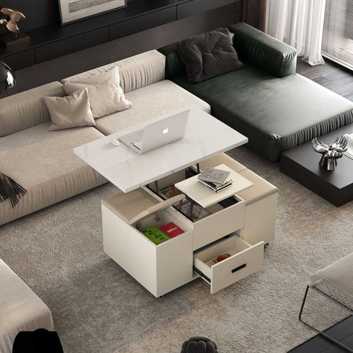 Modern Lift-Up Coffee Table with 4 Stools Set for Living Room Expandable 1 Hidden Storage + 2 Drawers Space Saving Folding Dining Table - luxuryhomedecoridea.com