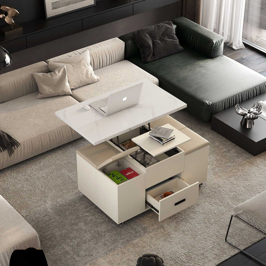 Modern Lift-Up Coffee Table with 4 Stools Set for Living Room Expandable 1 Hidden Storage + 2 Drawers Space Saving Folding Dining Table - luxuryhomedecoridea.com