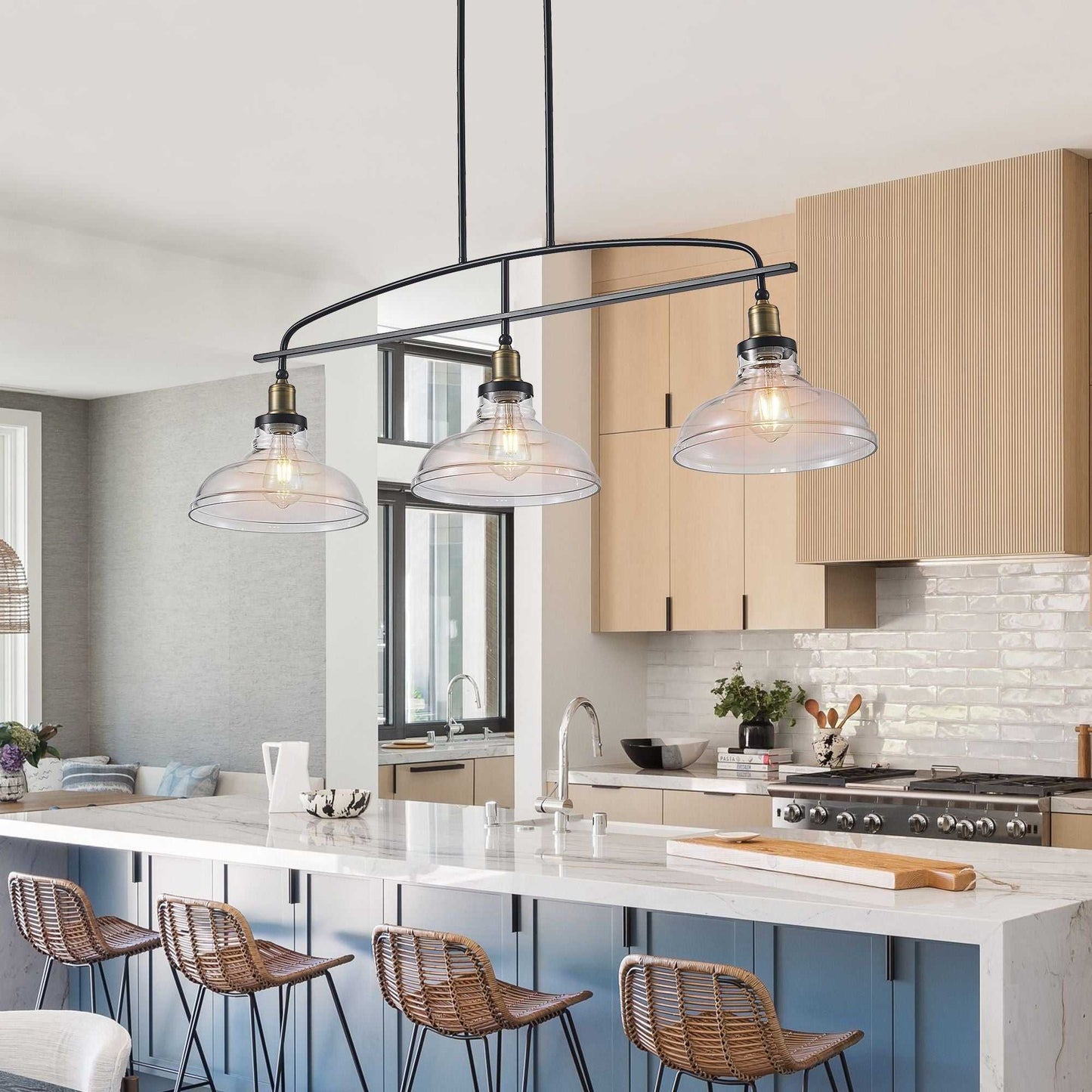 45" Industrial 3-Light Pendant Chandelier with Clear Glass Shades, Black Metal Frame, Adjustable Height, Modern Farmhouse Lighting for Kitchen Island, Dining Room, or Living Room (Bulb Not Included) - luxuryhomedecoridea.com
