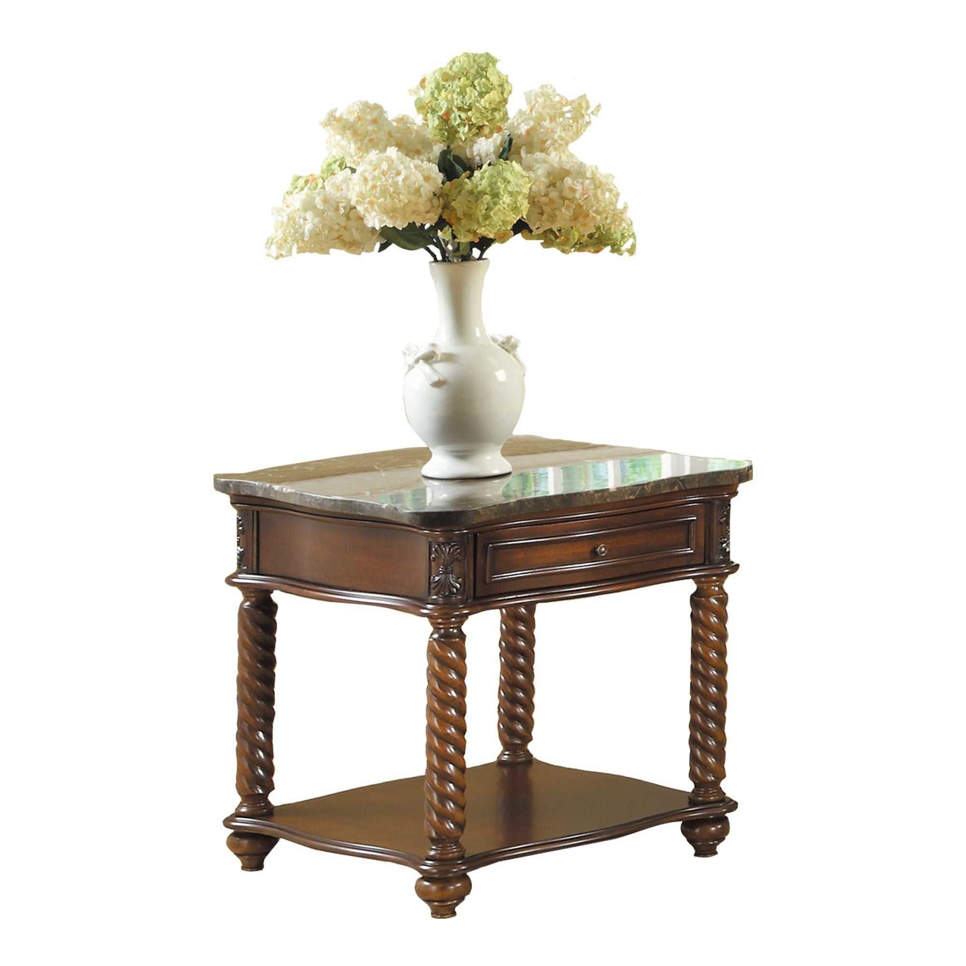 Traditional Formal Marble Top End Table with Drawer Lower Shelf Mahogany Finish Spiral Turned Legs Wooden 1pc Living Room Furniture Side Table - luxuryhomedecoridea.com