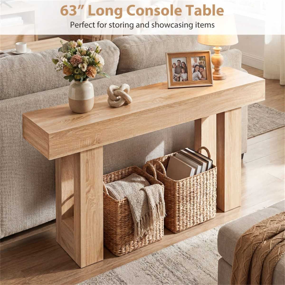 63" Farmhouse Console Table, Narrow Entryway Table with Spacious Bottom Storage - luxuryhomedecoridea.com
