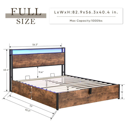 Lift-up Storage Bed Frame, Full Size Bed Frame with Bookcase Headboard & LED Lights, Wooden Platform Bed Frame with Charging Station, No Spring Box Needed, Rustic Brown - luxuryhomedecoridea.com