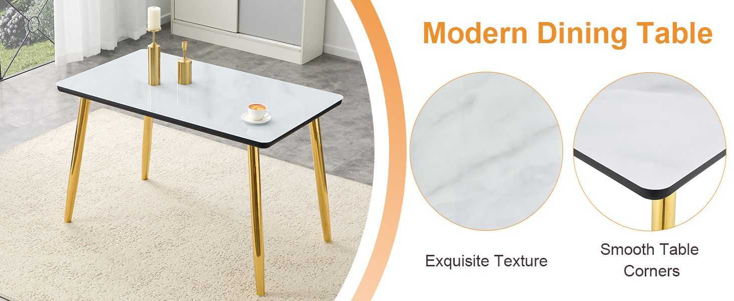 Table and chair set.Table and chair set.White imitation marble texture glass top + lower black MDF board,silver metal legs.Paired with 4 WHITE chairs with PU artificial leather backrest cushions. - luxuryhomedecoridea.com