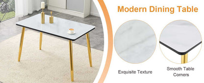Table and chair set.Table and chair set.White imitation marble texture glass top + lower black MDF board,silver metal legs.Paired with 4 WHITE chairs with PU artificial leather backrest cushions. - luxuryhomedecoridea.com