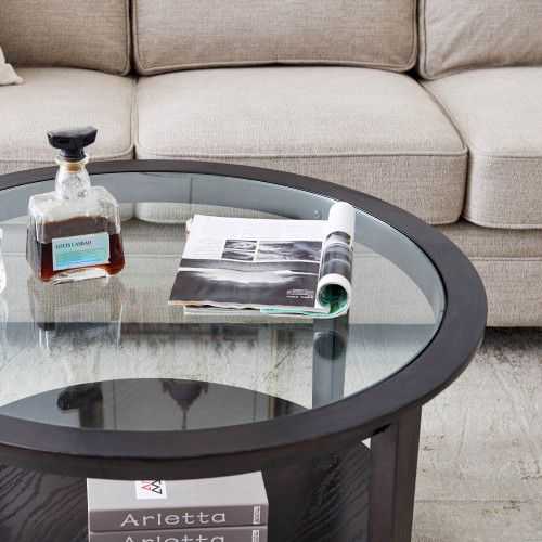 Modern Solid wood round coffee table with tempered glass top black color-36" - luxuryhomedecoridea.com