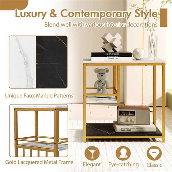3-Tier Side Table with Marble Top & Gold Frame, Modern 23.5" End Table for Living Room Bedroom - luxuryhomedecoridea.com