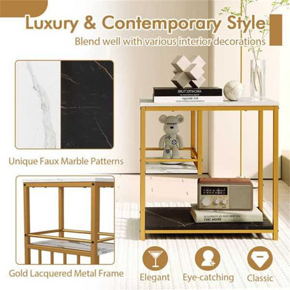 3-Tier Side Table with Marble Top & Gold Frame, Modern 23.5" End Table for Living Room Bedroom - luxuryhomedecoridea.com