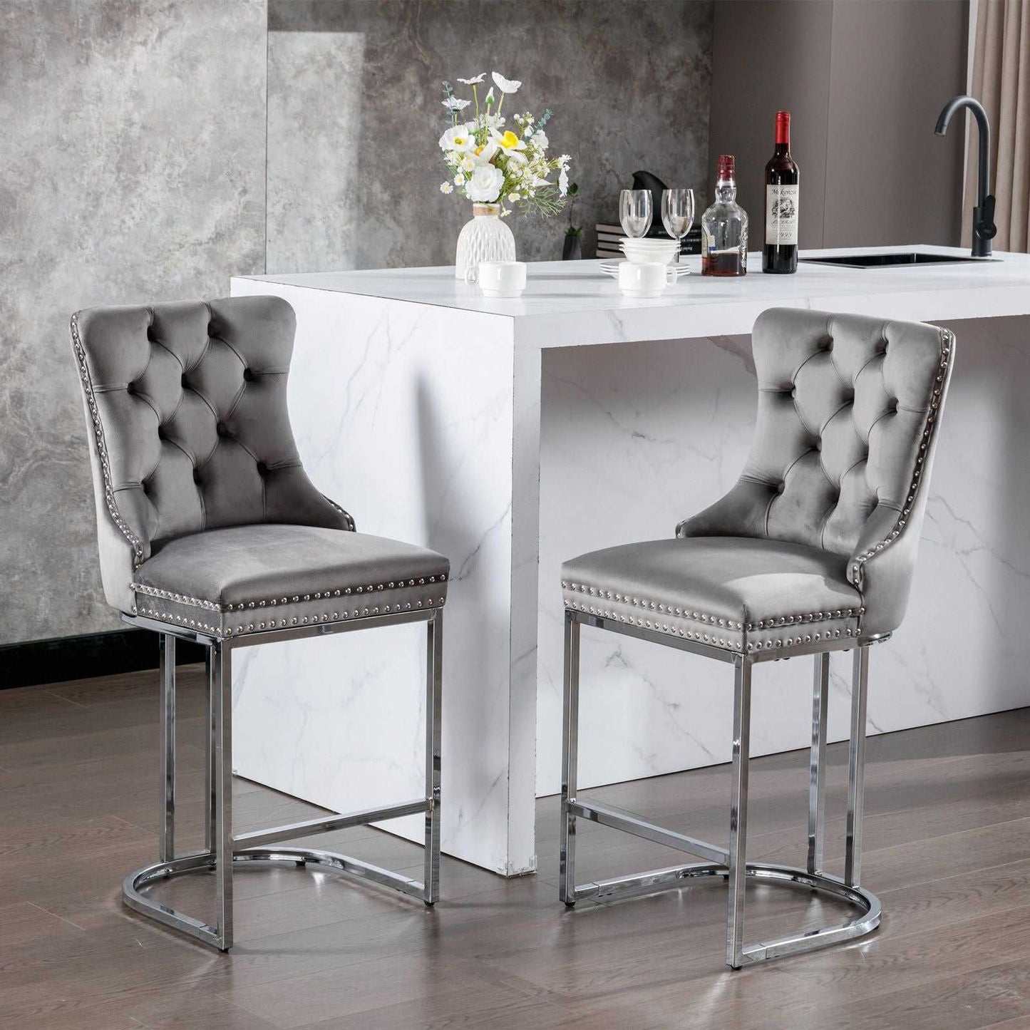 26" Counter Height Bar Stools Set of 2, Modern Velvet Barstools with Button Back&Rivet Trim Upholstered Kitchen Island Chairs with Sturdy Chromed Metal Base Legs Farmhouse Bar Stools, (Gray,2 Pack) - luxuryhomedecoridea.com