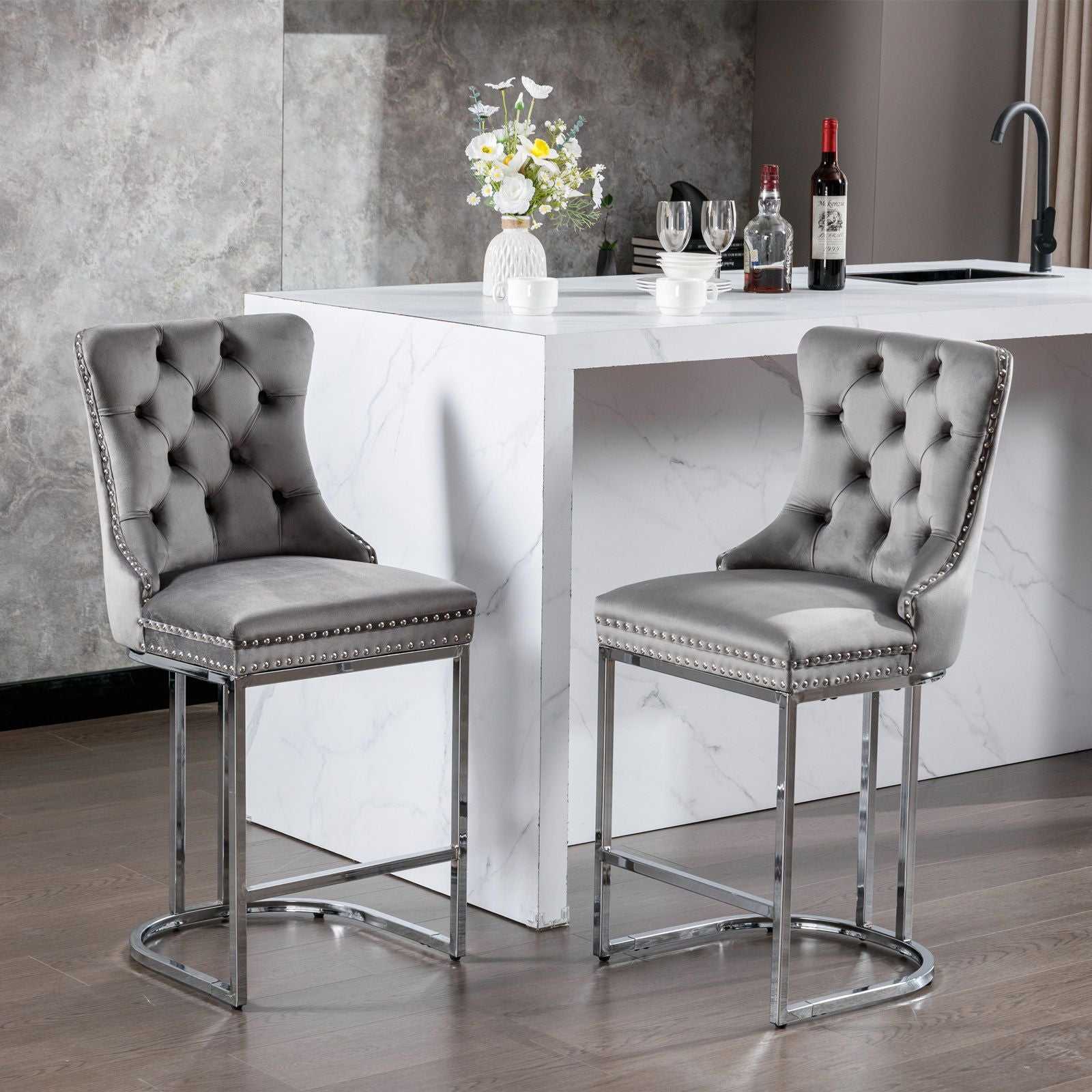 26" Counter Height Bar Stools Set of 2, Modern Velvet Barstools with Button Back&Rivet Trim Upholstered Kitchen Island Chairs with Sturdy Chromed Metal Base Legs Farmhouse Bar Stools, (Gray,2 Pack) - luxuryhomedecoridea.com
