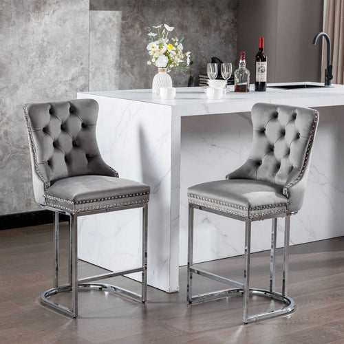 26" Counter Height Bar Stools Set of 2, Modern Velvet Barstools with Button Back&Rivet Trim Upholstered Kitchen Island Chairs with Sturdy Chromed Metal Base Legs Farmhouse Bar Stools, (Gray,2 Pack) - luxuryhomedecoridea.com