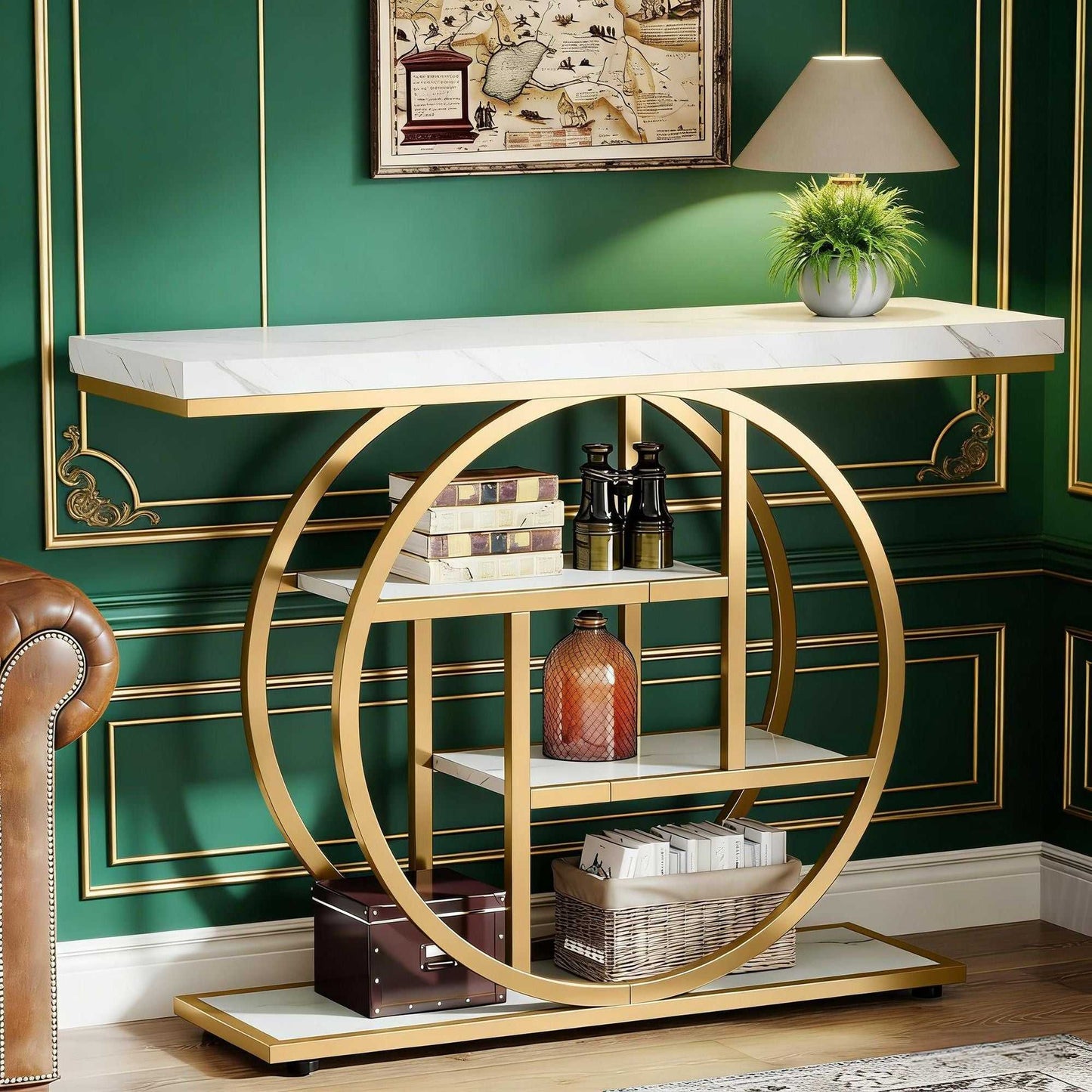 Console Table, Industrial 4-Tier Sofa Entryway Table with Circle Basew - luxuryhomedecoridea.com