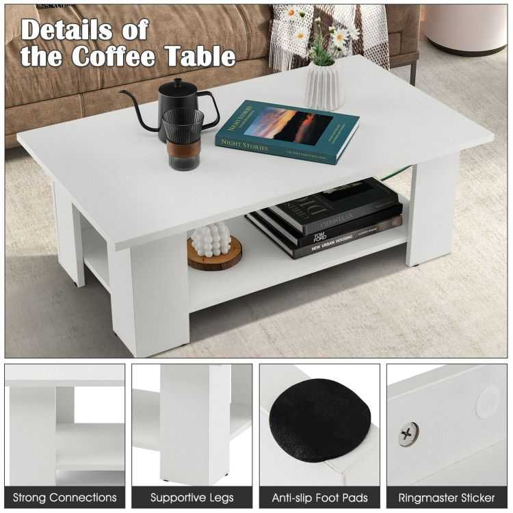 Large 41 Inch 2-tier Wooden Modern Coffee Table with Storage Shelf living room table - luxuryhomedecoridea.com