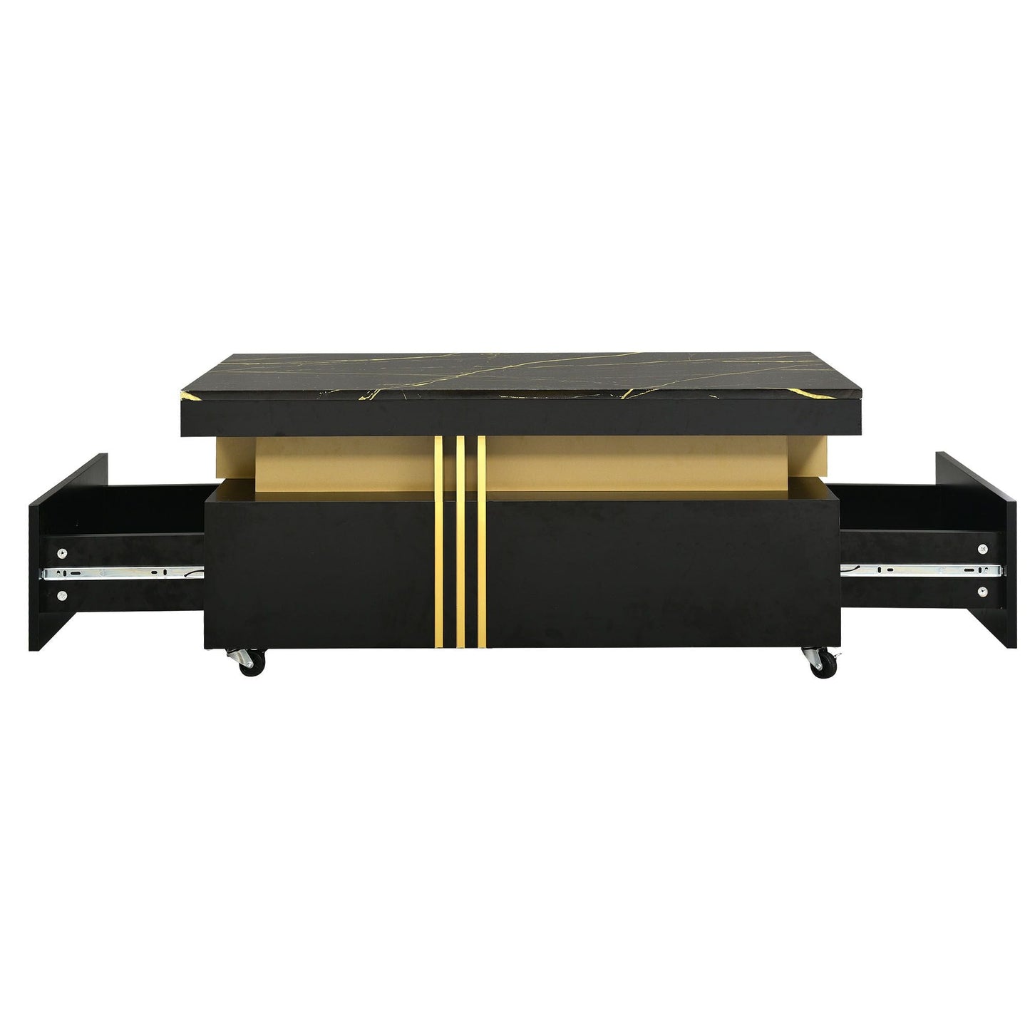 [VIDEO provided] ON-TREND Contemporary Coffee Table with Faux Marble Top, Rectangle Cocktail Table with Caster Wheels, Moderate Luxury Center Table with Gold Metal Bars for Living Room, Black - luxuryhomedecoridea.com