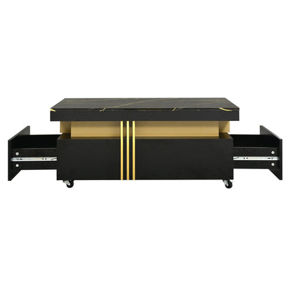 [VIDEO provided] ON-TREND Contemporary Coffee Table with Faux Marble Top, Rectangle Cocktail Table with Caster Wheels, Moderate Luxury Center Table with Gold Metal Bars for Living Room, Black - luxuryhomedecoridea.com