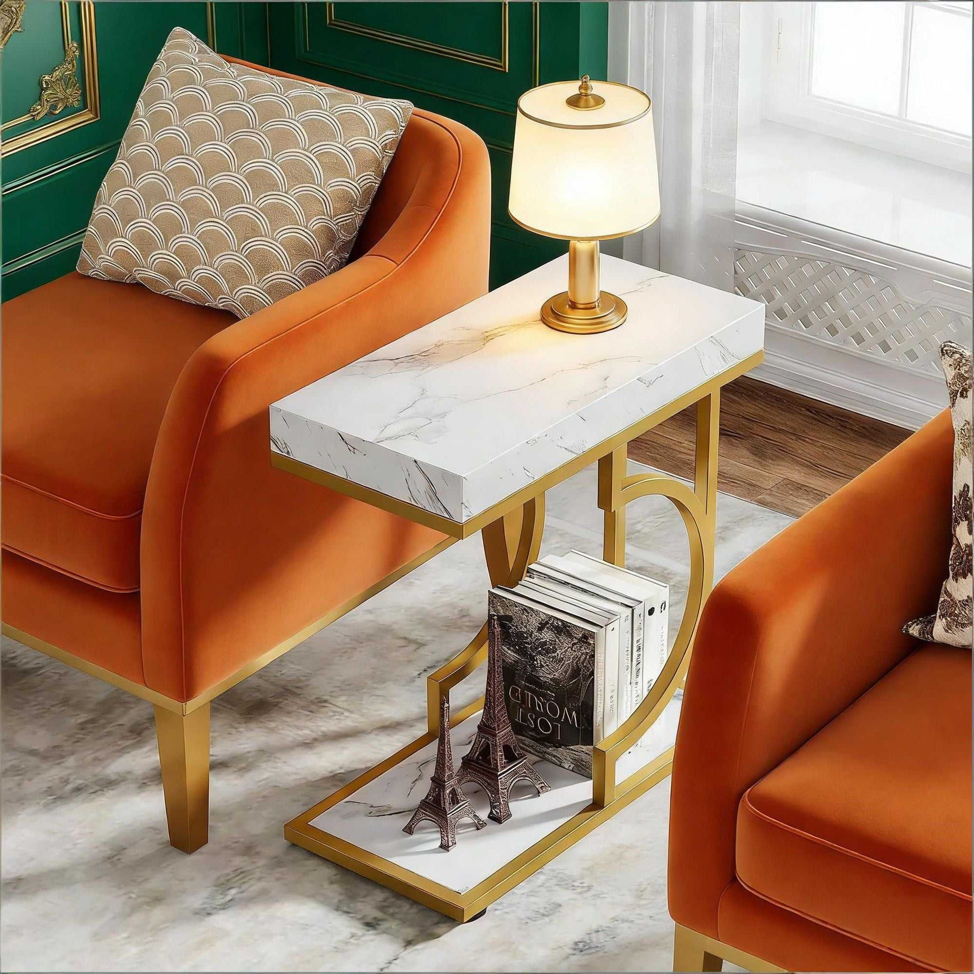 Narrow C Table, Modern End Table Bedside Table with Metal Frame - luxuryhomedecoridea.com